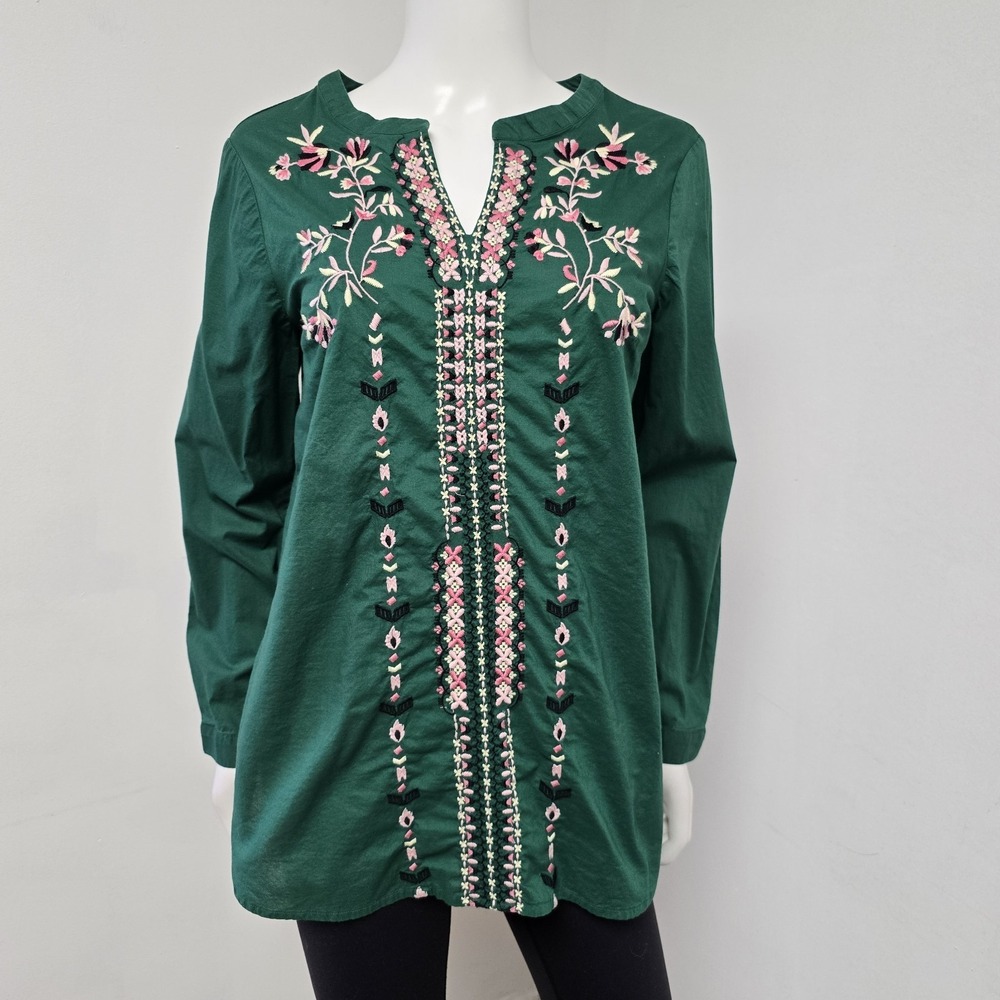 J Jill Embroidered Pine Green Blouse Floral Long Sleeve Size S Notch Neck Top